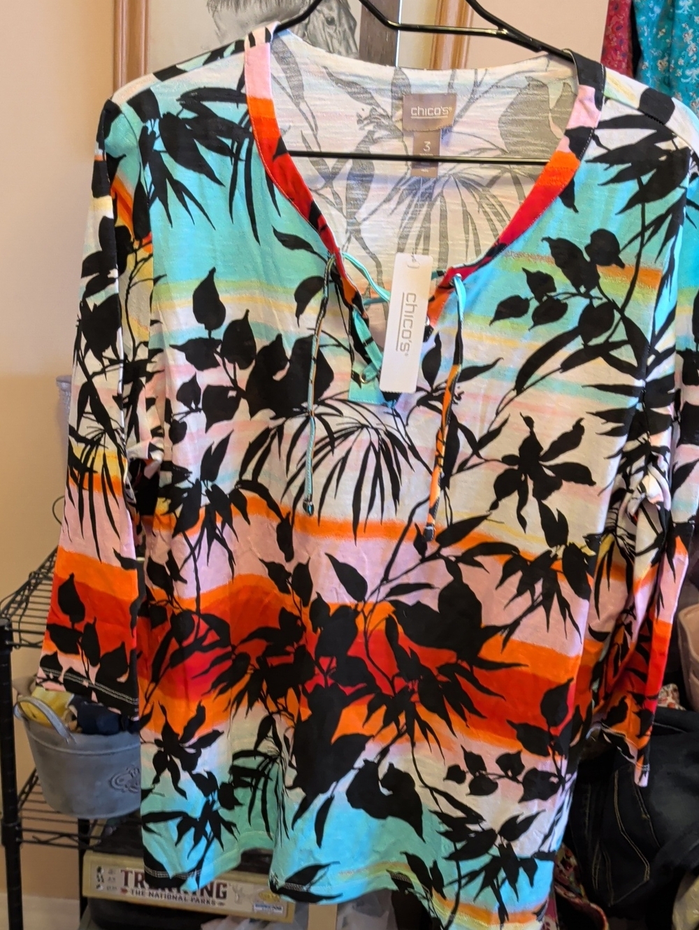 Chico's Tropical Multicolor Tie-Neck Tunic — Turquoise, Orange, Black